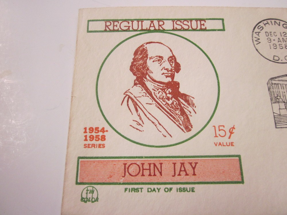 US FDC 1958 JOHN JAY REGULAR ISSUE #1046 TRI COLOR CACHET