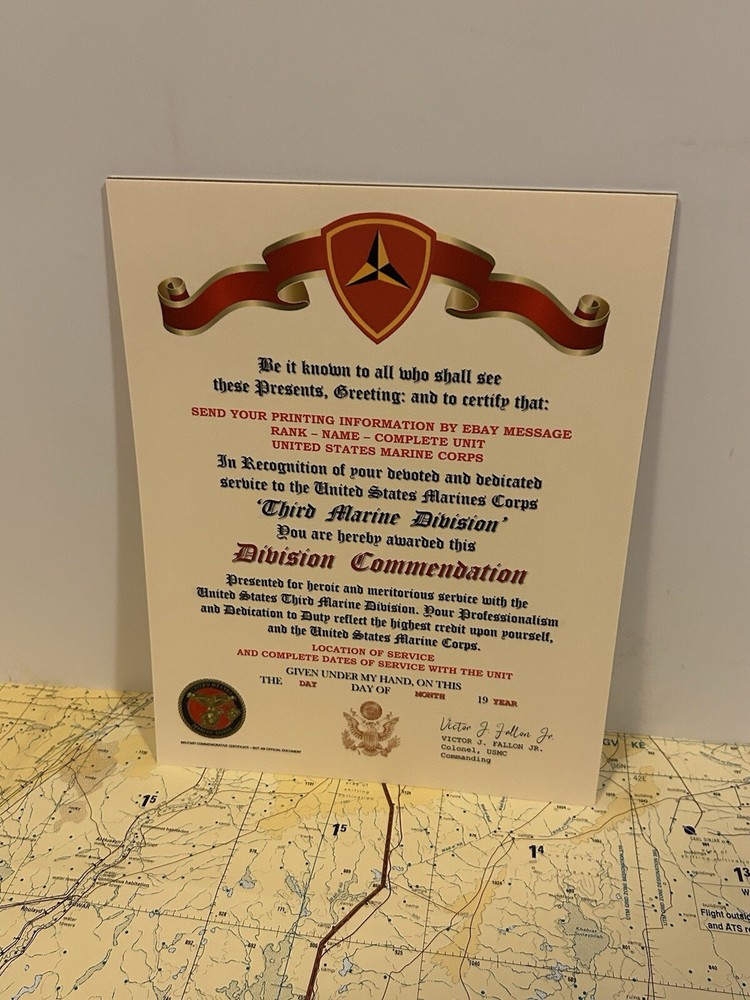 U.S.M.C. / THIRD MARINE DIVISION ~ DIVISION COMMENDATION REPLACEMENT CERTIFICATE