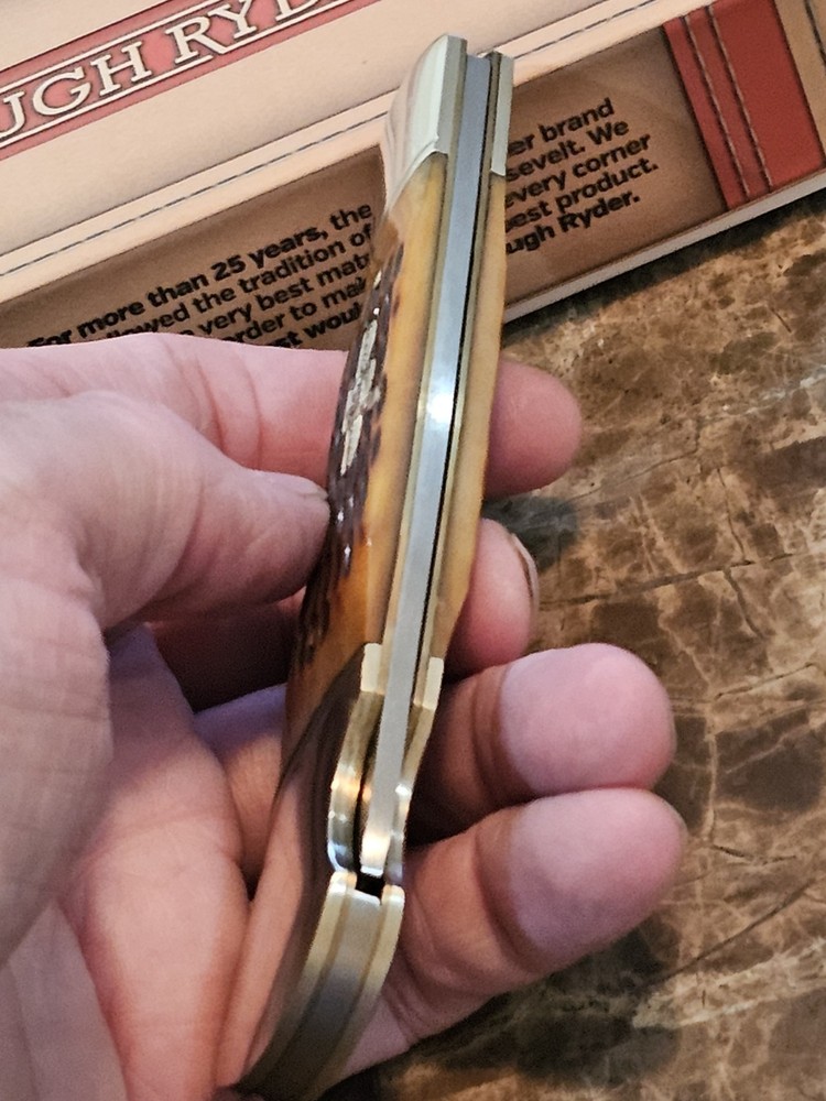 Rough Rider RR066 Stag Bone Handle Folding Knive T" Blade Custom Leather Sheath