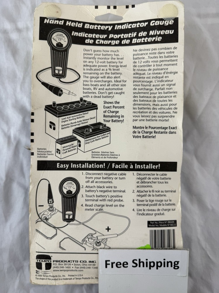 Tempo Hand Held Battery Condition Tester Solid State Free Shipping