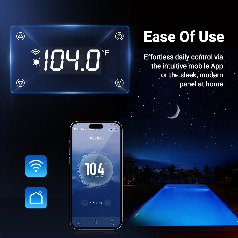 High Efficiency 18,000 BTU Pool Heater COP 4.1, WiFi Control, 5000 Gal