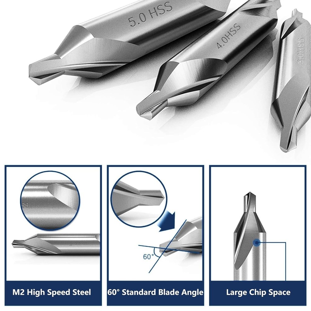 8 PCS Center Drill Bits Set, Countersink Tools for Lathe Metalworking 60 Degree.