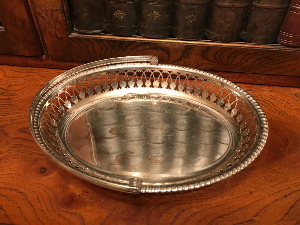 Vintage Silver Plated Pierced Work Oval Footed Dish with Folding Swing Handle