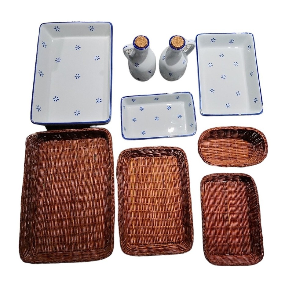 Ceramic bakeware Casserole Dish set w/wicker Baskets & Cruets set. NWOB