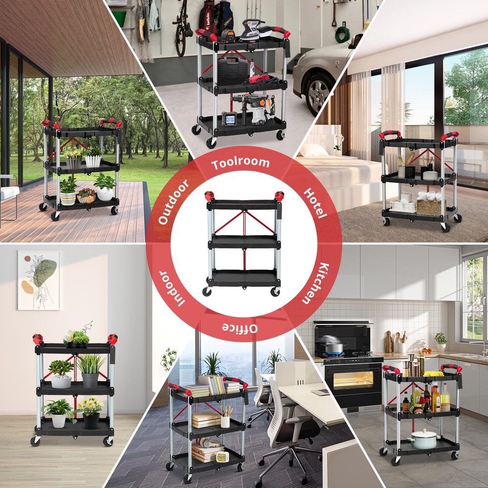 Heavy Duty Utility Cart Multi-Function 3-tier Service Cart with Wheels Foldable