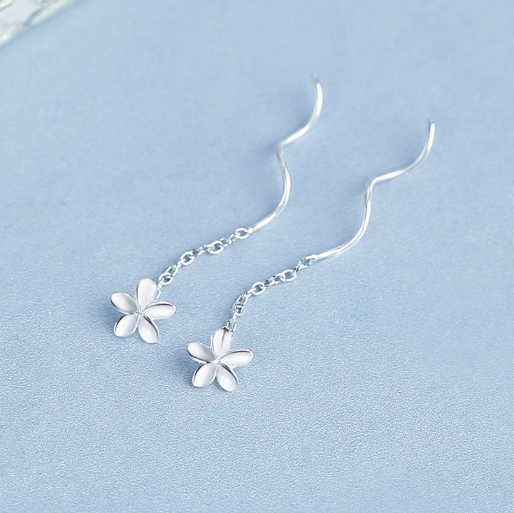 Solid Sterling Silver HAWAIIAN PLUMERIA Daisy Dangle Drop Threader Earrings G11