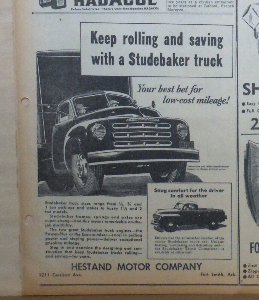1952 newspaper ad for Studebaker Truck - Keep Rolling & Saving, low cost mileage