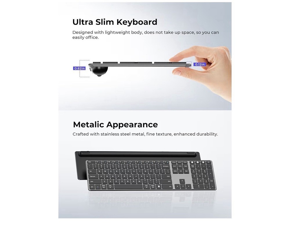 Wireless Bluetooth Keyboard and Mouse Combo, SKM64-3 Rechargeable Slim Quiet ...