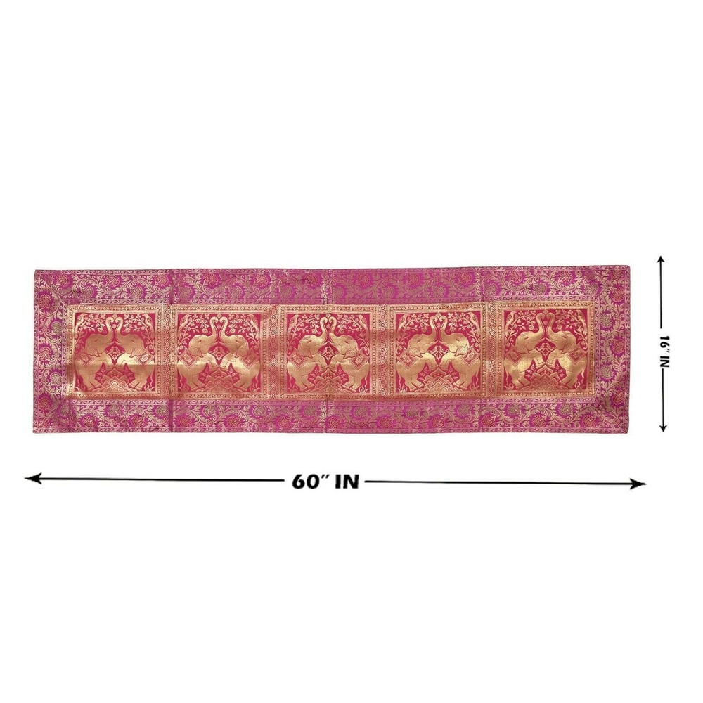 Indian Pink Wedding Decor Table Runner Boho Brocade Elephant Linen Tablecloth