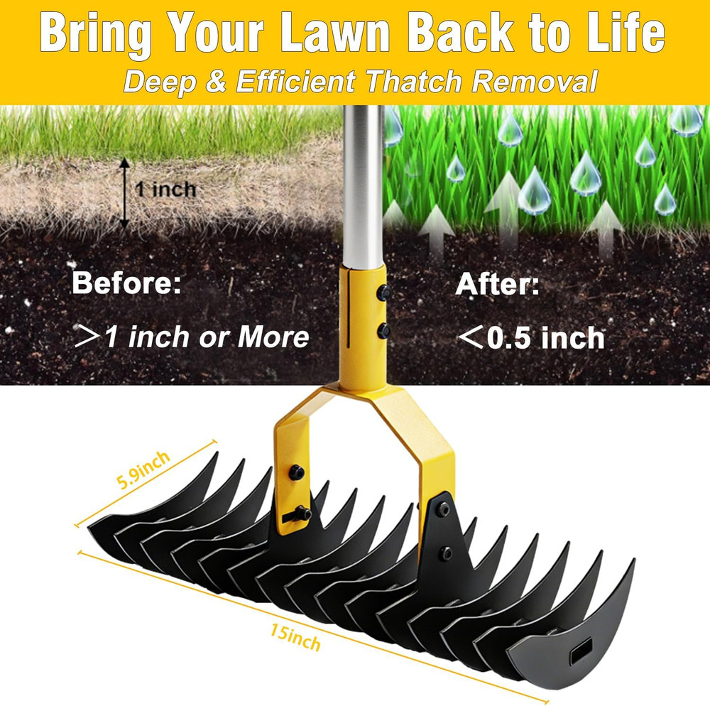 Thatch Rake, 15" Wide Lawn Dethatcher Rake, Heavy Duty Rake for Dethatching with