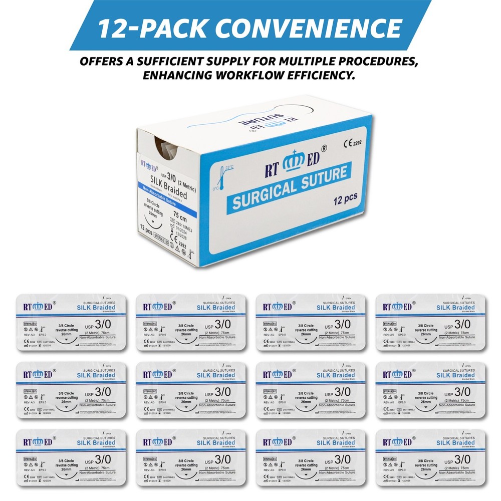 3/0 Silk Suture Practice Thread Kit Sterile Sutures Threads & Needle 12 Pack