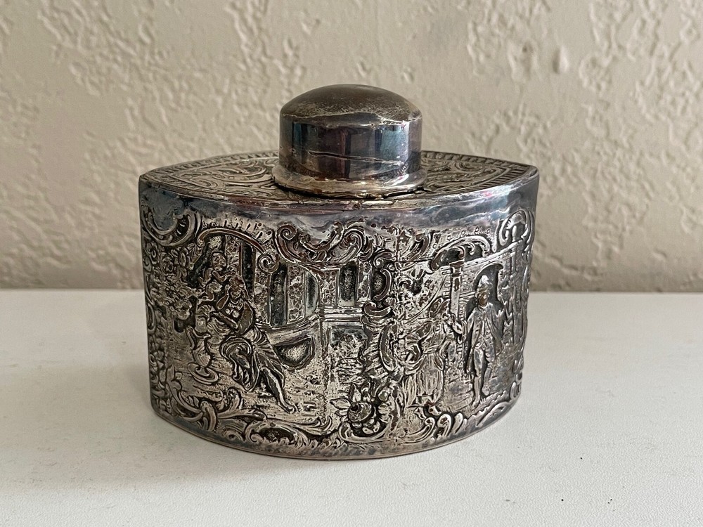 Antique EG Webster & Son Silver Plated Tea Caddy w/ Various Figures Decoration