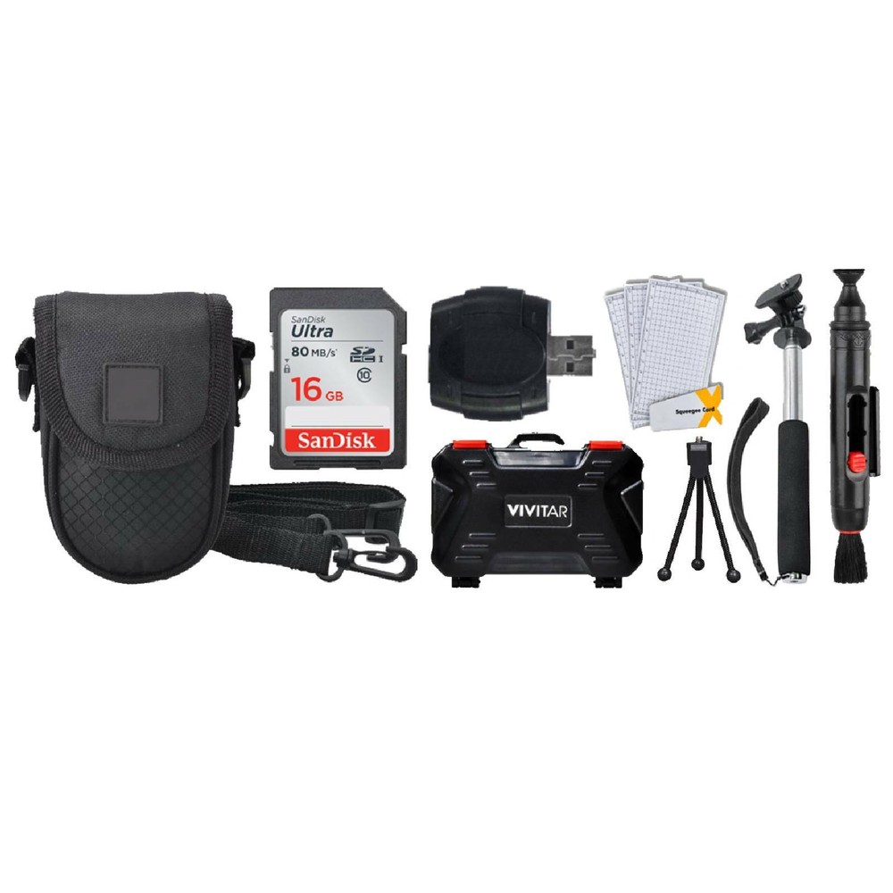 16GB Memory Card + Case + Monopod + Tripod + Lens Cleaning System + Memory Card