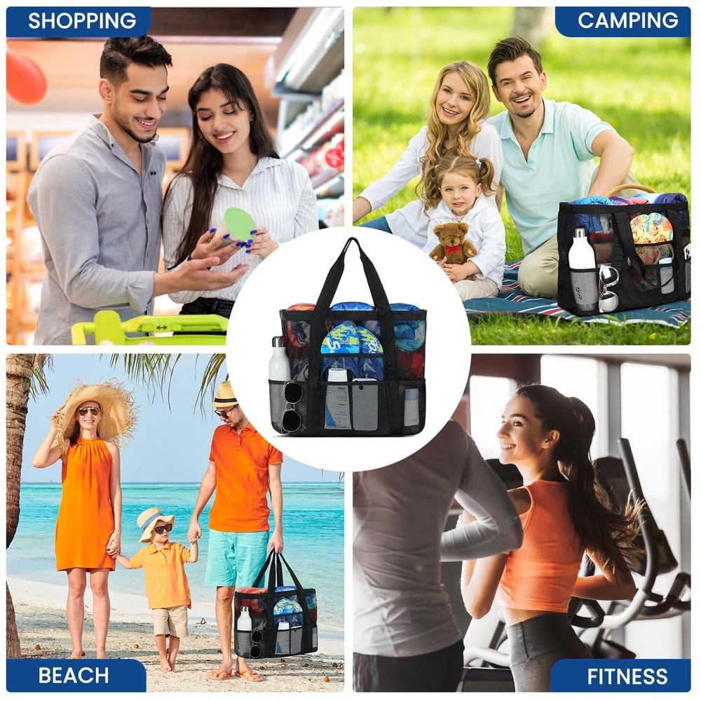 Ymomode Beach Bag - Mesh Large 8 Pockets, Tote Large, Black