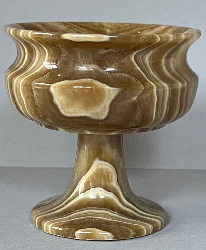 Vtg Genuine SOLID Heavy Polished ONYX MARBLE STONE Footed CONTAINER Home DECOR