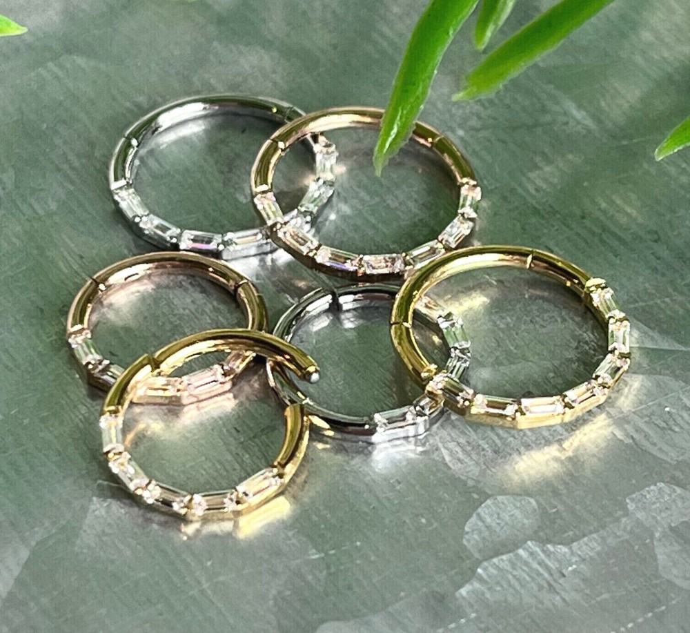 1pc Baguette Gem Hinged Segment Ring 16g Septum Clicker Helix Orbital Daith