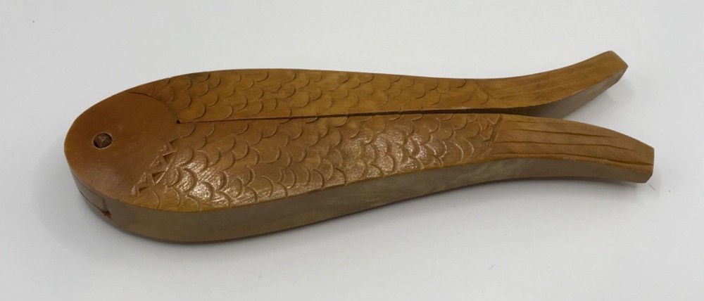 VTG Hand Carved Solid Wood Fish Shape Double Nut Cracker 8" Decorative Textured