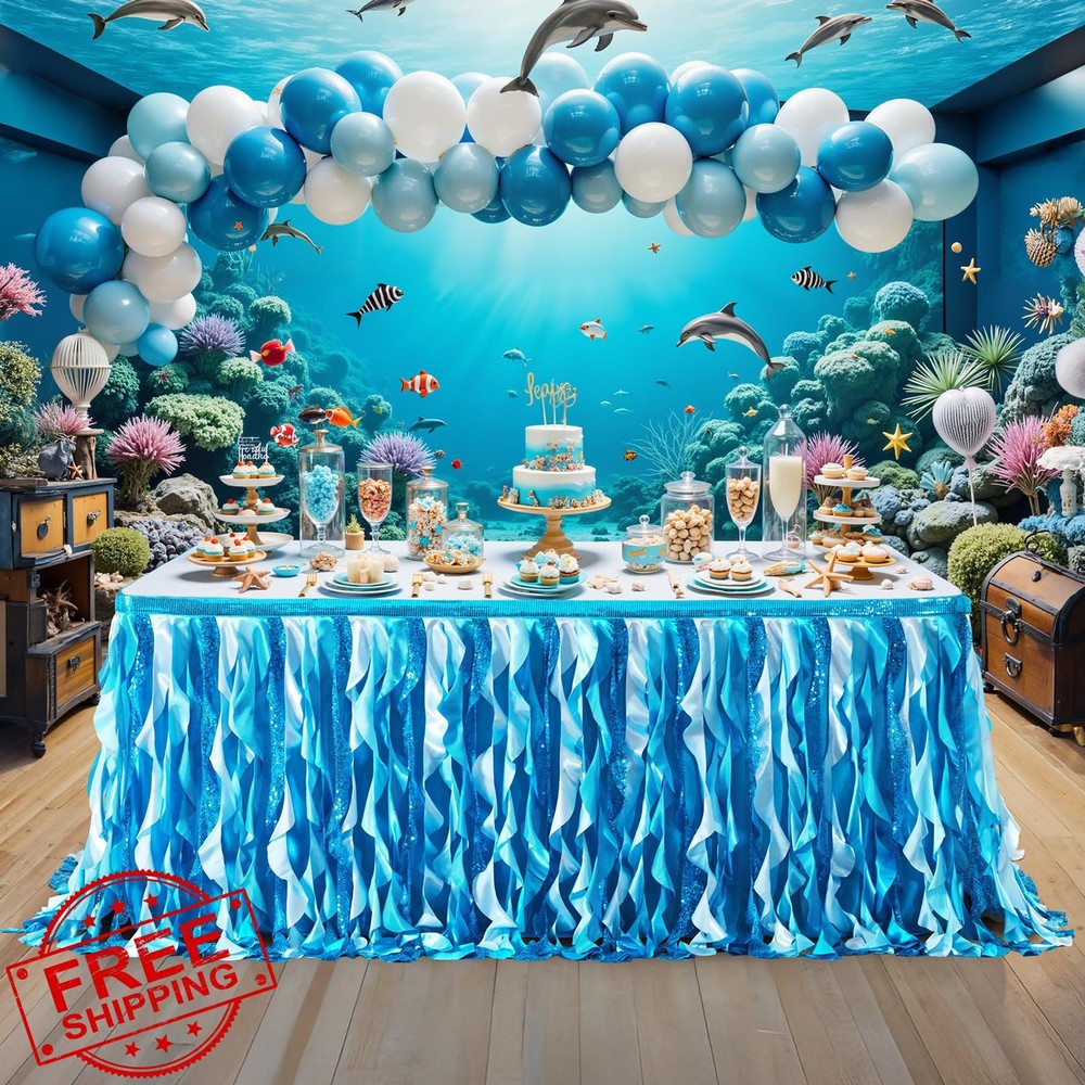 6Ft Gradient Blue Sequin Table Skirt for Rectangle Tables