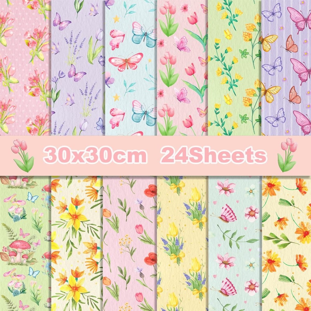 Multicolor 11.8x11.8 Inch Double-Sided Scrapbook Paper, 24 Sheets, Spring Flo...