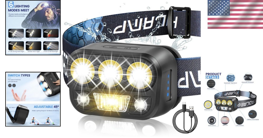Lightweight 6-Mode LED Headlamp with Motion Sensor & Adjustable 45° Angle