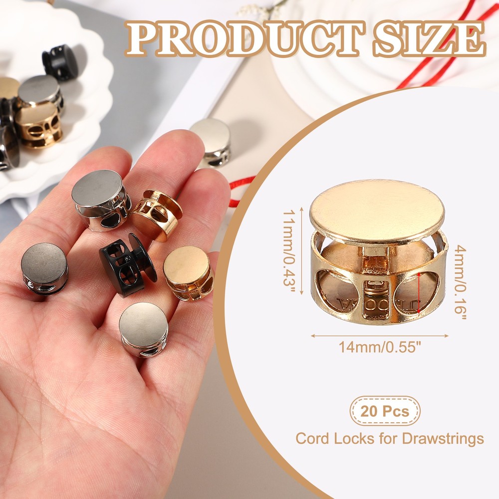 Metal Cord Locks, Double Hole Spring Draw String Stopper 0.6" & 20 Pcs & Gold