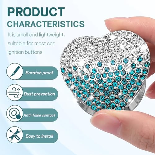 Bling Car Engine Start Button Cover, Cute Heart Shape Diamond Gradient blue
