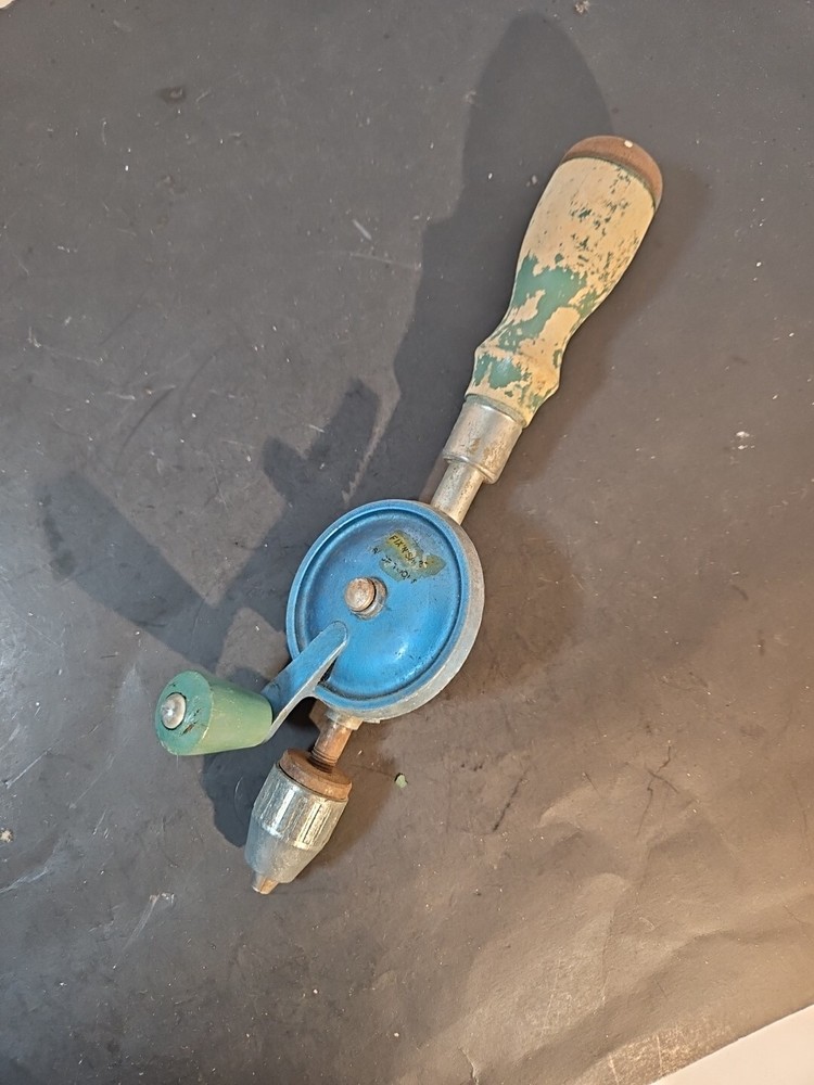 Vintage Fix N SAVE HAND DRILL Green Blue Handle Storage Hand Tool As Is