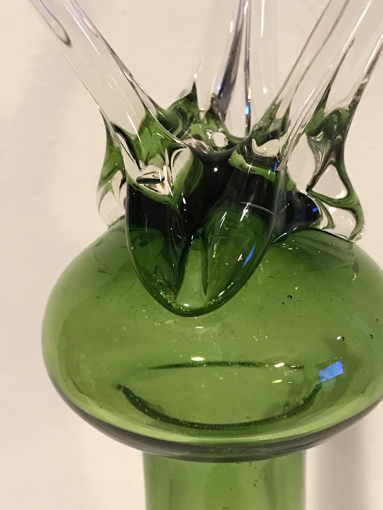 Hand Blown Applied Legs Glass Green Bud Vase
