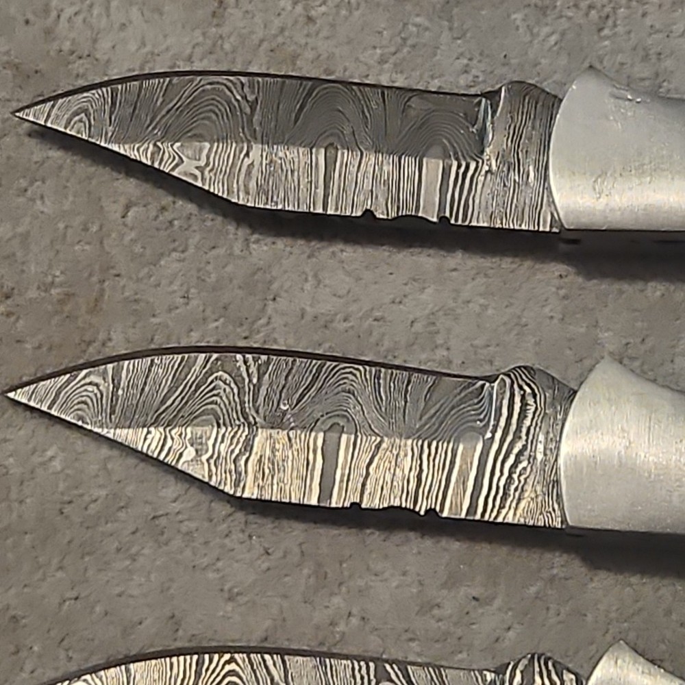 3 Damascus Folding Pocketknives Blue Bone Handle