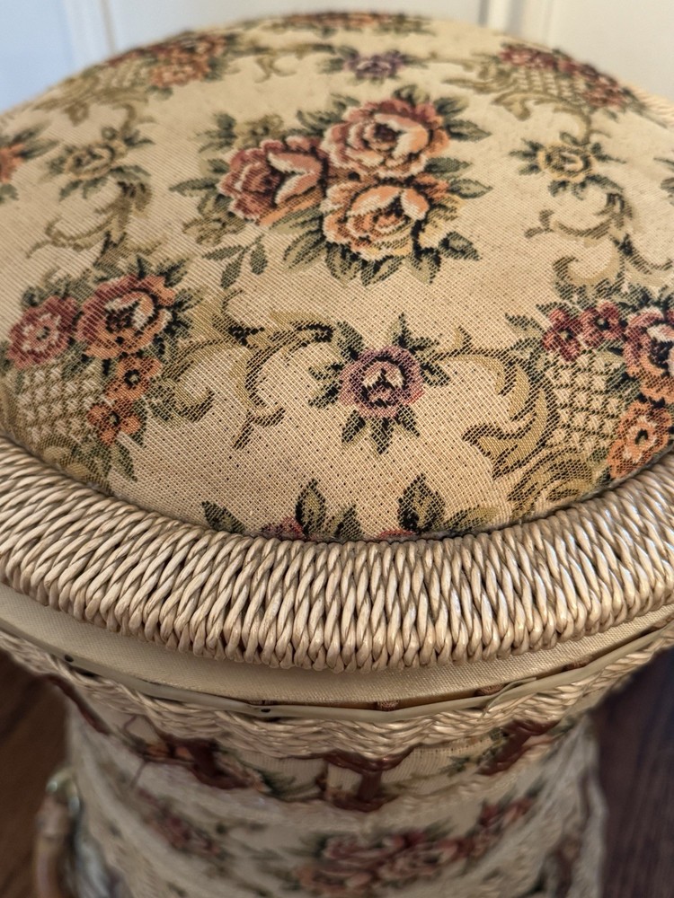 Vintage Rare Triple Stack Three Tier Wicker Sewing Basket Upholstered Ottoman