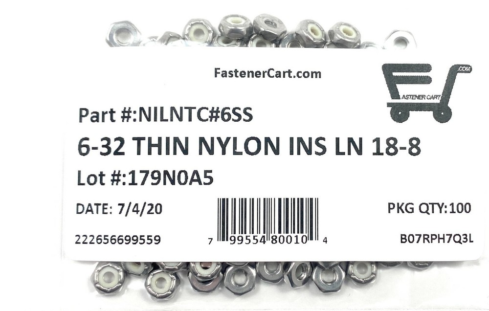 (100) 6-32 Stainless Steel Nylon Insert Jam Thin Nuts #6 NTM Locking Nuts