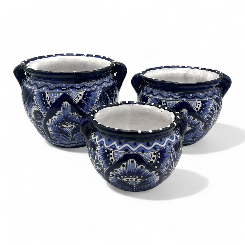 Blue & White Talavera Pot Set | Artisan Ceramic Trio