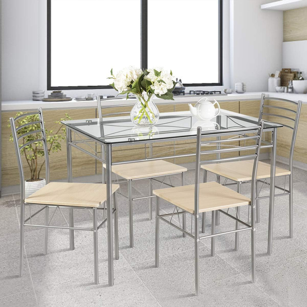 Giantex 5 Piece Dining Table Set, Kitchen Dining Set with Tempered Glass Table T