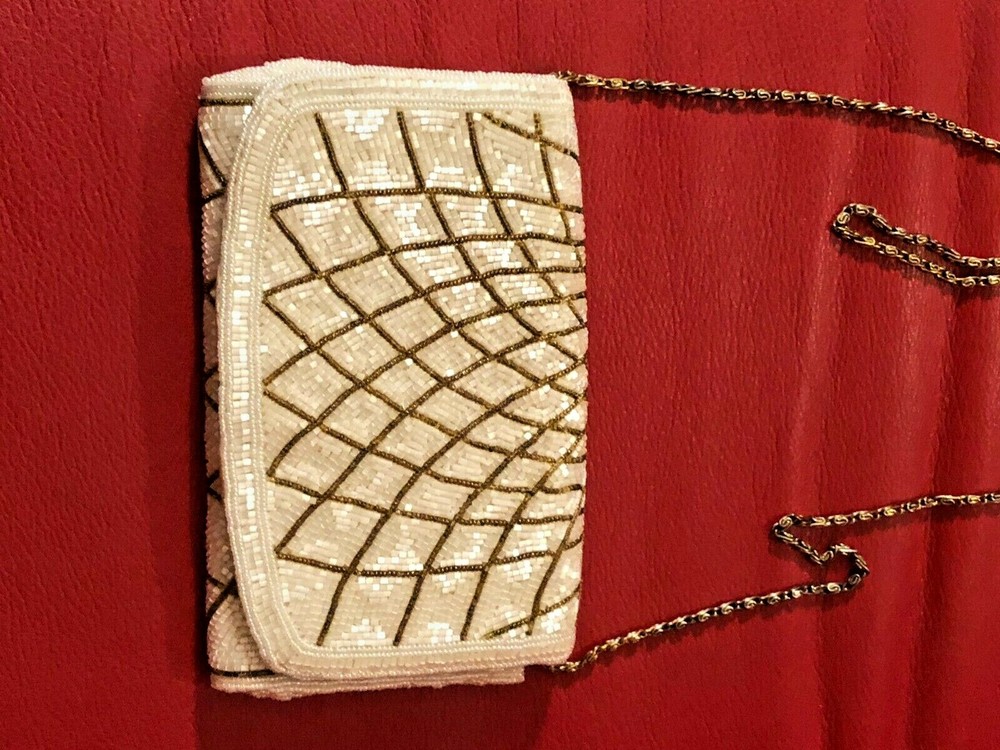 Vintage White & Gold Beaded Clutch