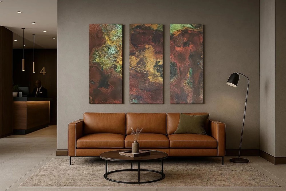 Real Copper Wall Art – 3 Panel Metal Artwork Modern Abstract Triptych –