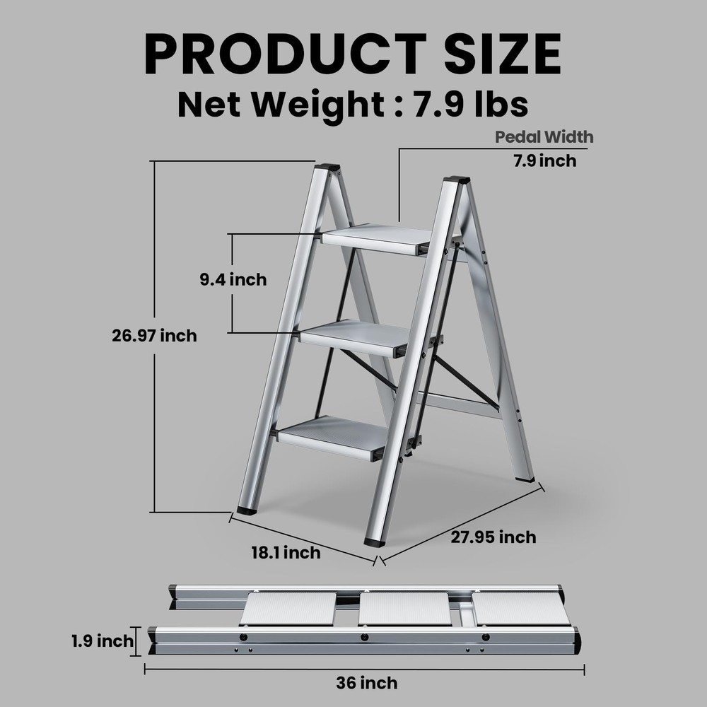 HillhutApex 3 Step Stool, Aluminum Foldable Ladder, 3 Step, Silver