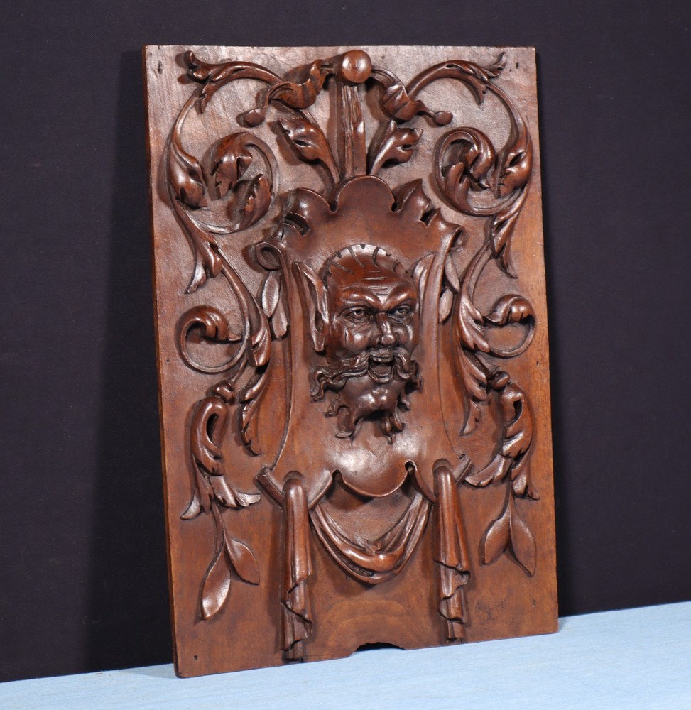 15" Tall Antique French Solid Walnut Wood Panel with Highly Carved Devil/Face