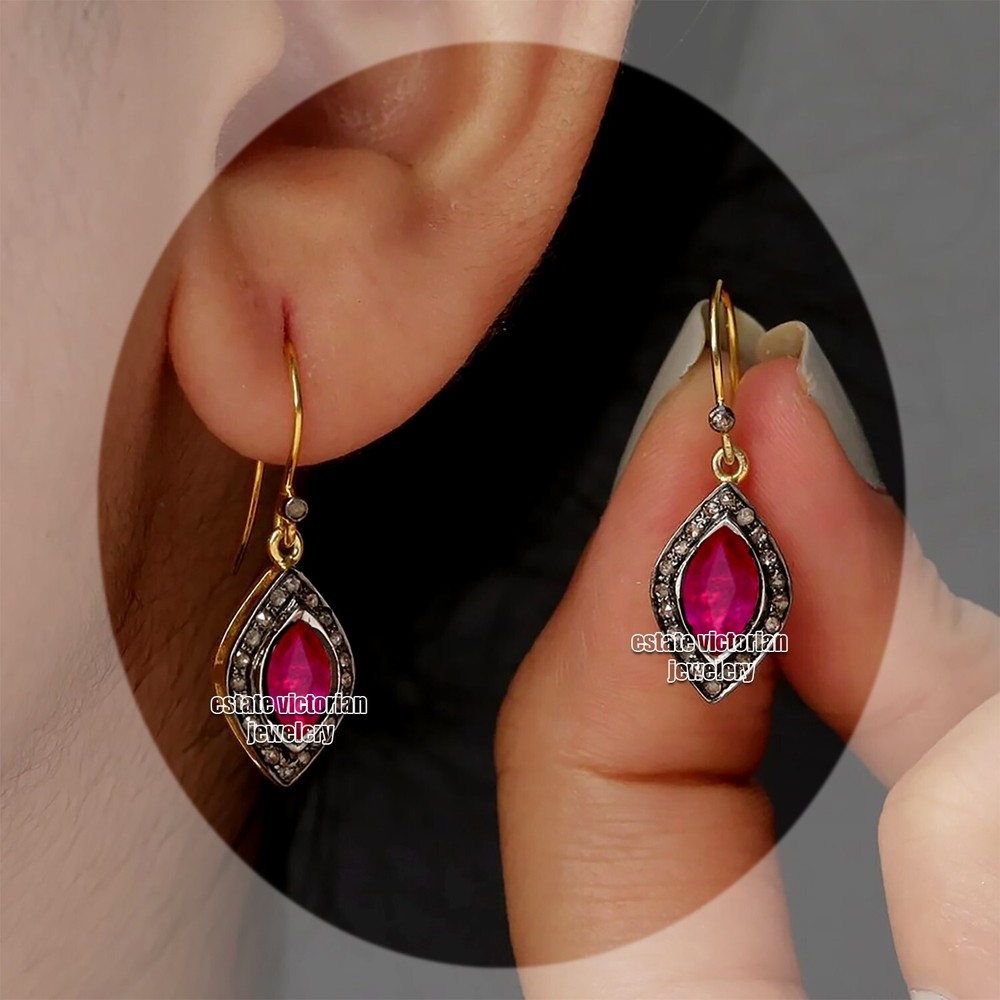 Gorgeous 1.03Ctw Rose Cut Diamond Ruby Studded Silver Victorian Earring Jewelry