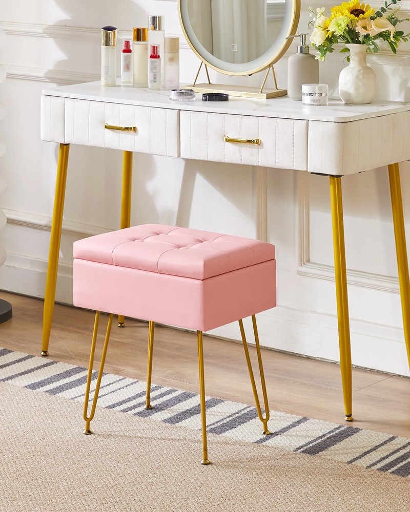 Multifunctional Storage Vanity Stool with Flip Tabletop, Adjustable Metal Leg...