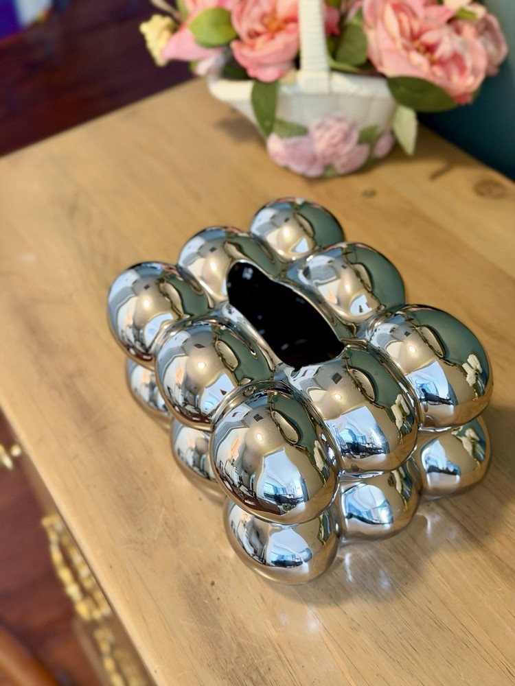 Chrome Bubble Tissue Box Cover Sculptural Silver Modern Decor