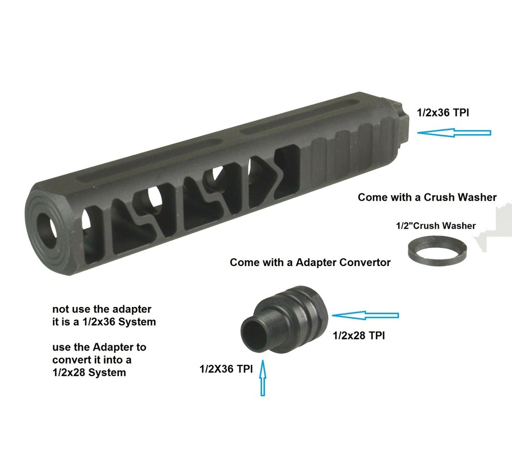 Black 6" Solid PC Low Concussion 1/2x36 TPI Muzzle Brake With Adapter & Washer