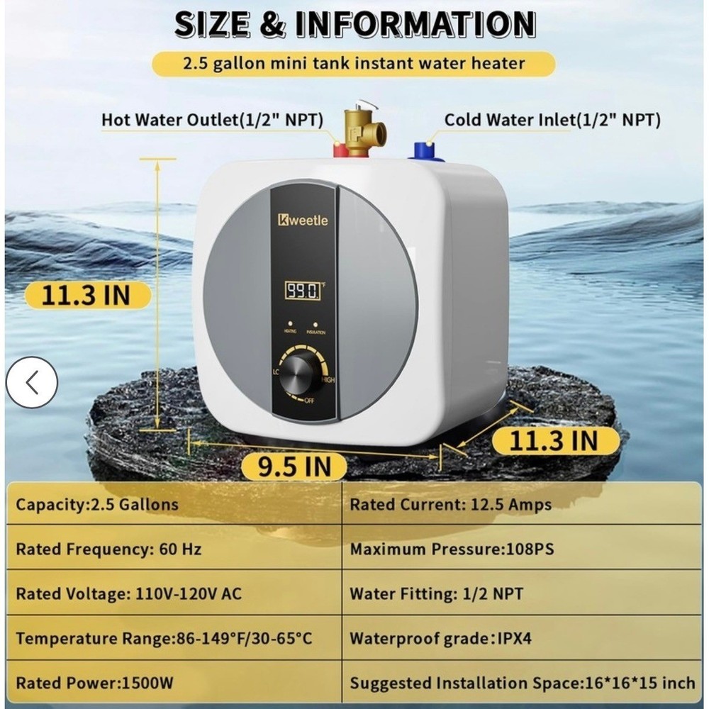 Kweetle 2.5 Gallon Mini Tank Instant Water Heater 1500W Digital Display 86-149F