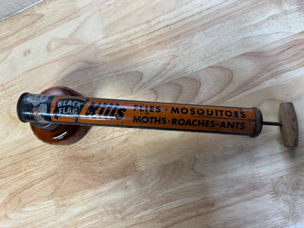 Vintage Black Flag Bug Sprayer Insect Duster with Brown Glass Container