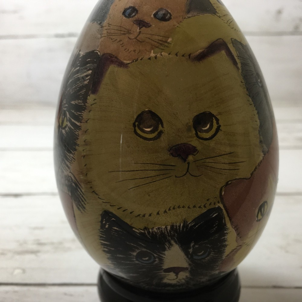 Glass Egg Art Hand Painted Cats with Stand