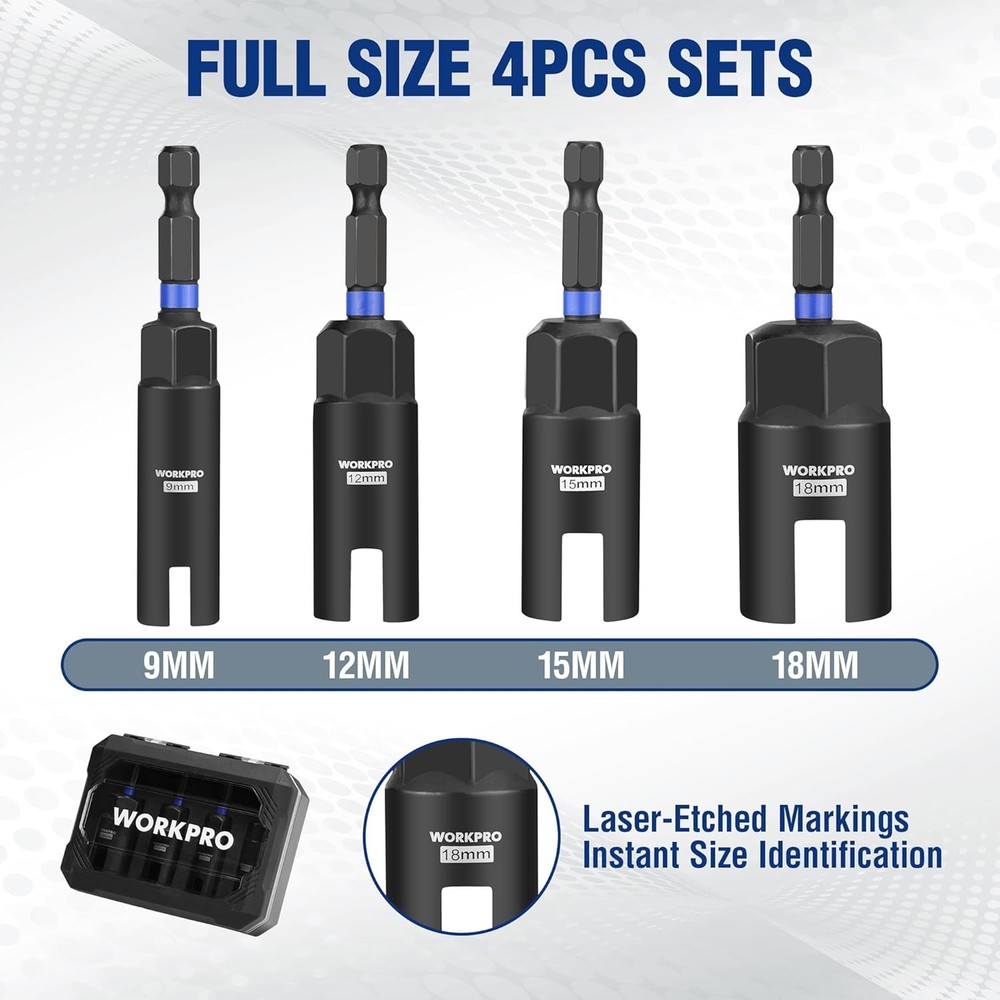 WORKPRO 4PCS Power Wing Nut Driver Bit 9-18mm Nut Wing Nut Socket 1/4" Hex Shank