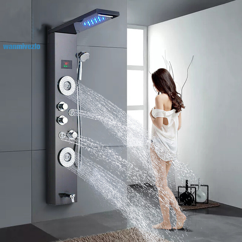 Shower Panel Tower Massage System LED Rain Waterfall Shower Head Black Mixer Tap
