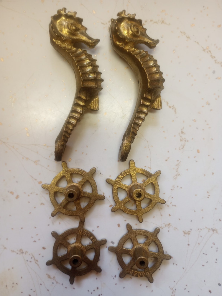 Vintage Pair Brass Seahorse Pulls and Ship's Wheel Pulls