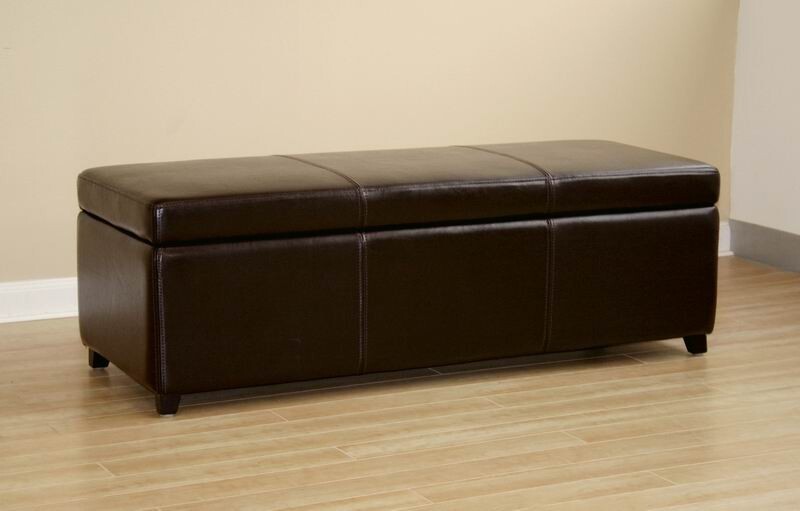 Modern Full Leather Ottoman Storage Bench Rectangle Dark Brown