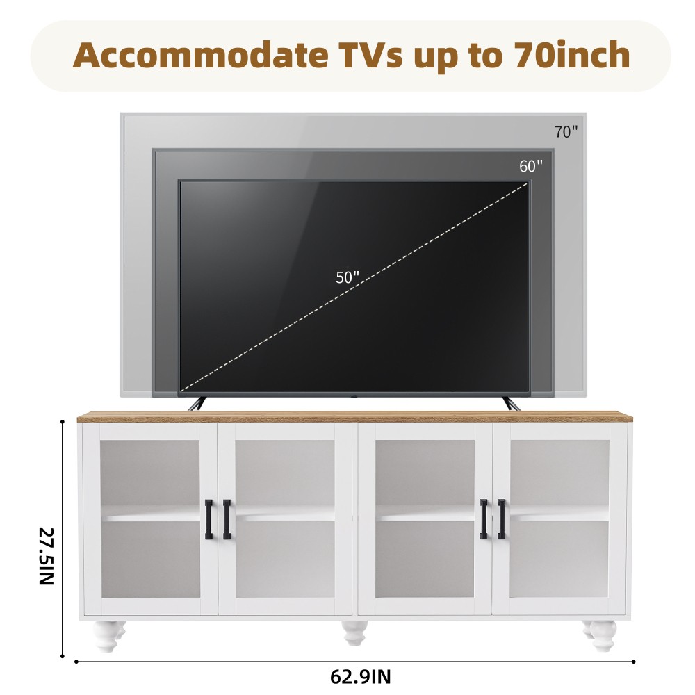 TV Cabinet W Glass Doors Features Adjustable Shelves Includes 5 Solid Wood Legs