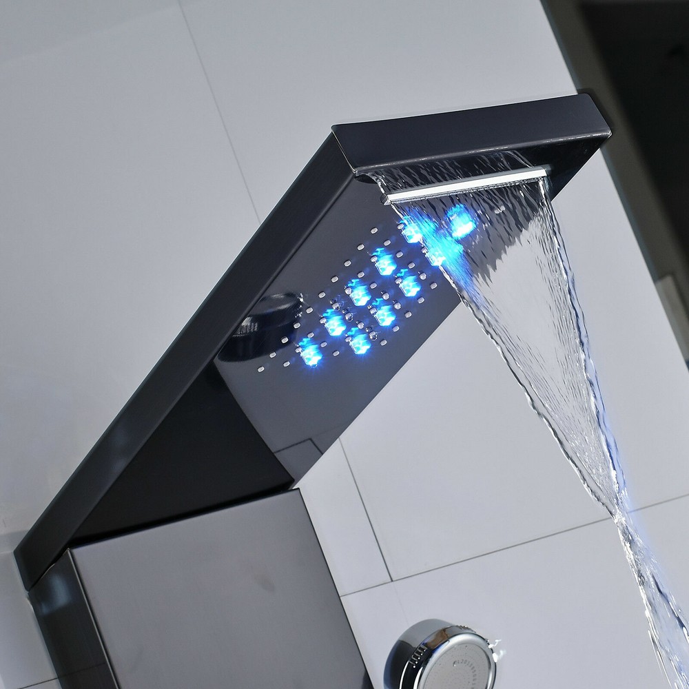 Black Shower Panel Tower System LED Rain&Waterfall Head Combo Massage Jets Mixer